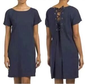 Theory Linen Lace Up Back Raglan Dress Navy Blue